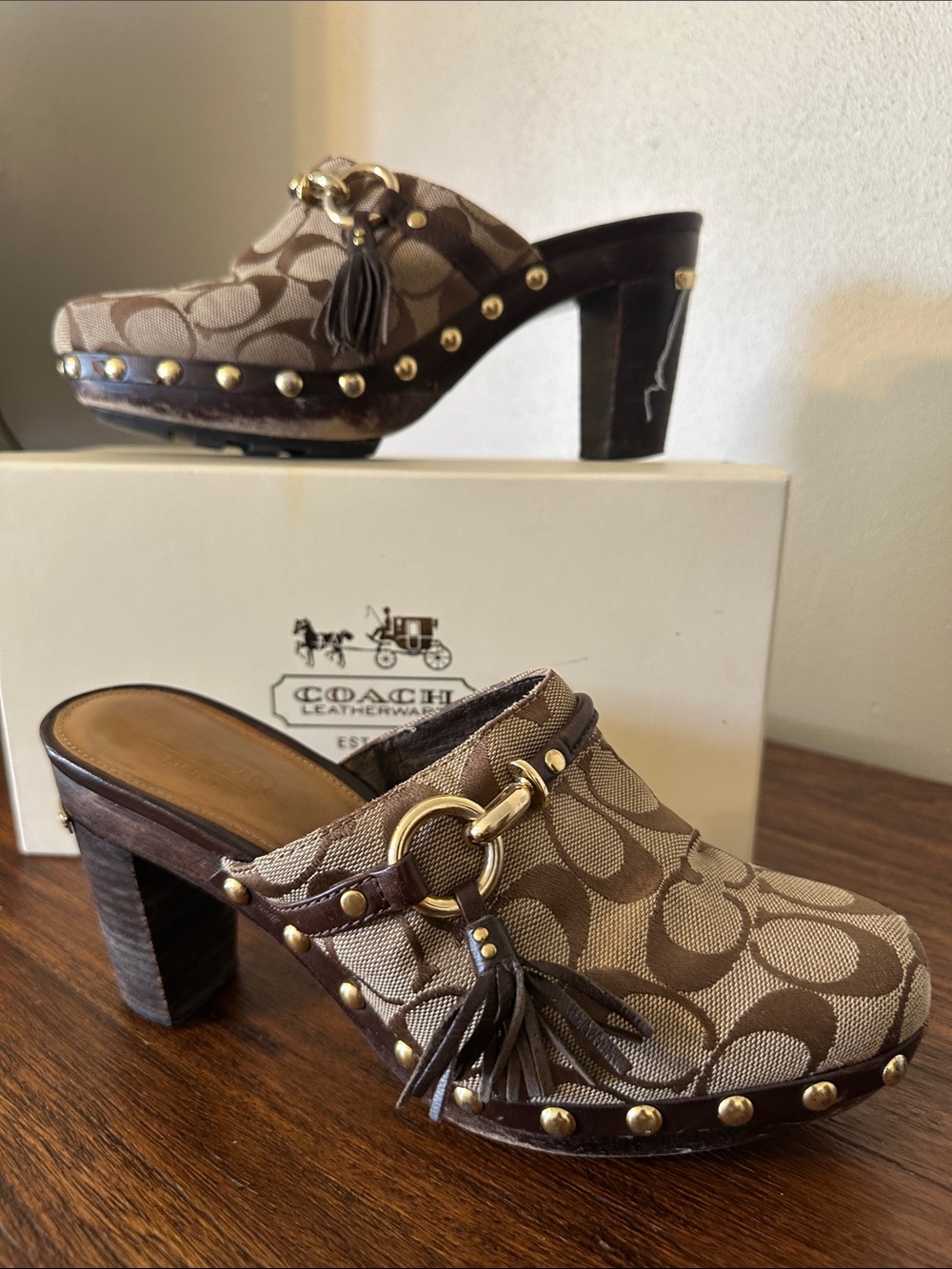 Coach Brown Logo Canvas Tassel Clog Heels with Gold Hardware